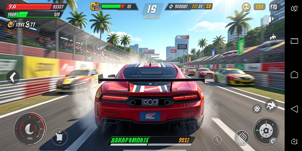 Screenshot gameplay menampilkan balapan seru dengan mobil yang cepat.