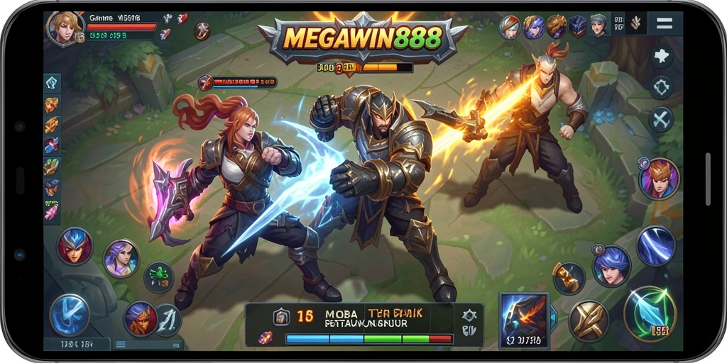 Tampilan seru gameplay MOBA di MEGAWIN888.